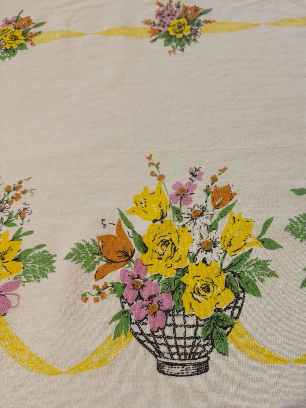 Vintage Cotton Floral Basket Kitchen Tablecloth